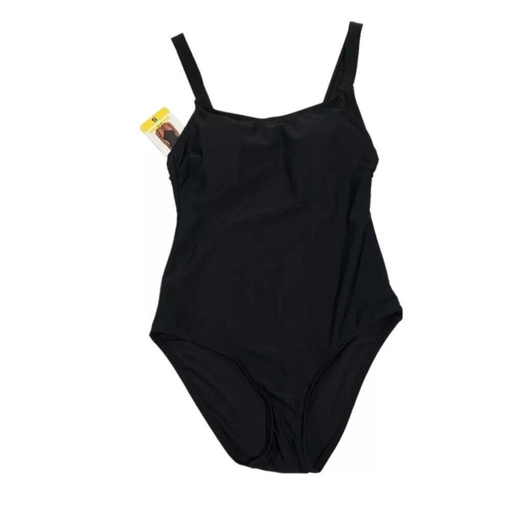 HURLEY NWT Women's Size Small Stretch One Piece Black Logo Swimsuit UPF 50+ E6